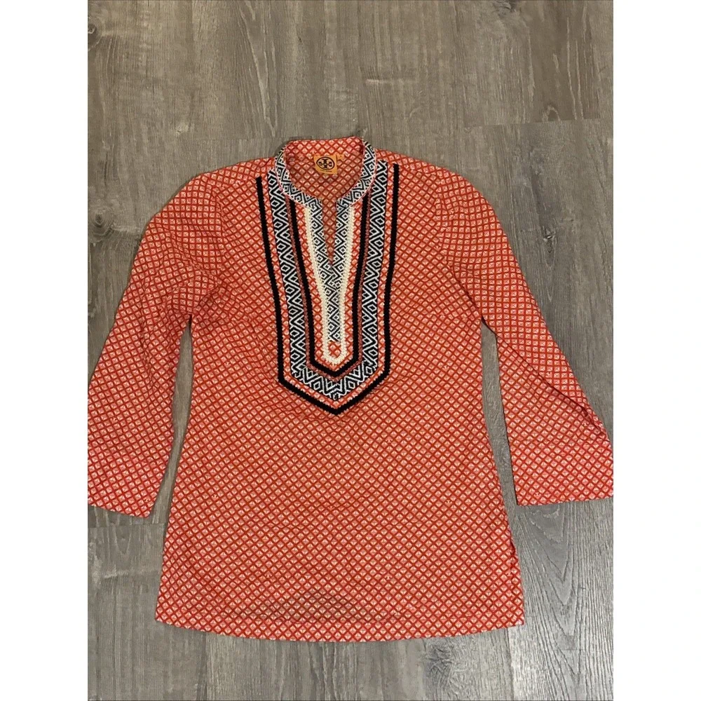 Tory Burch  Embroidered Size 8 Long tunic 11131171 blouse Orange Top